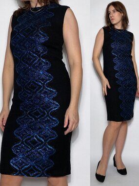 Vintage 1960s Mid Century Black & METALLIC Blue Pencil Dress -- Small to Medium